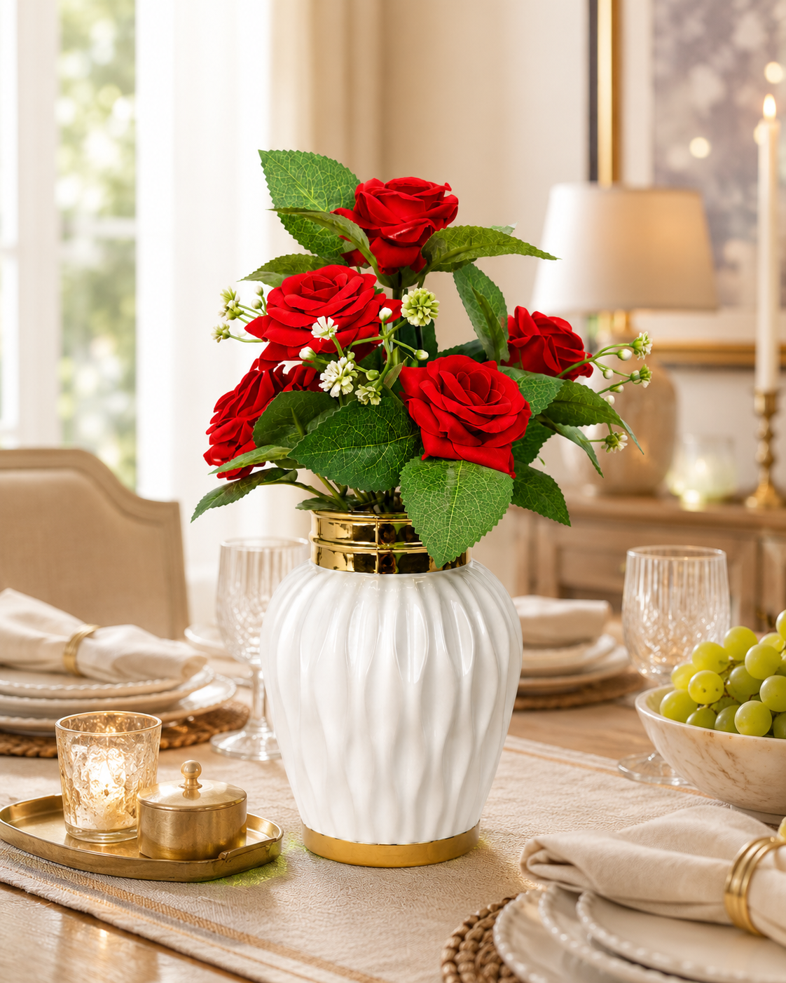 Artificial Red Rose Flower Pot with Fiber Plastic Pot