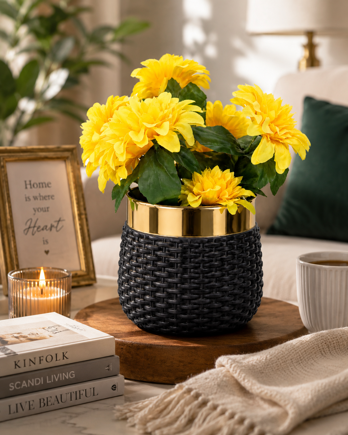 Artificial Yellow Flower Pot with Fiber Plastic Pot
