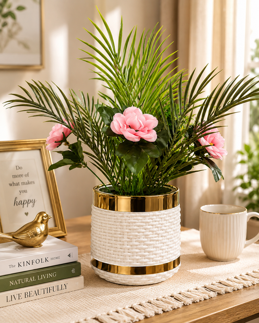 Artificial Pink Flower Plant with Fiber Plastic Pot