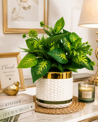 Artificial Green Leaf Plant with Fiber Plastic Pot
