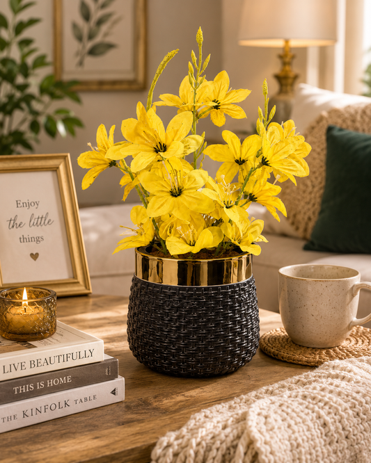 Yellow Artificial Flower Pot with Fiber Plastic Pot