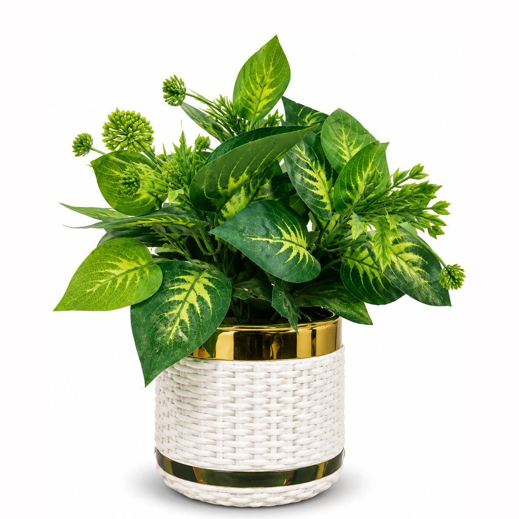 Artificial Green Leaf Plant with Fiber Plastic Pot