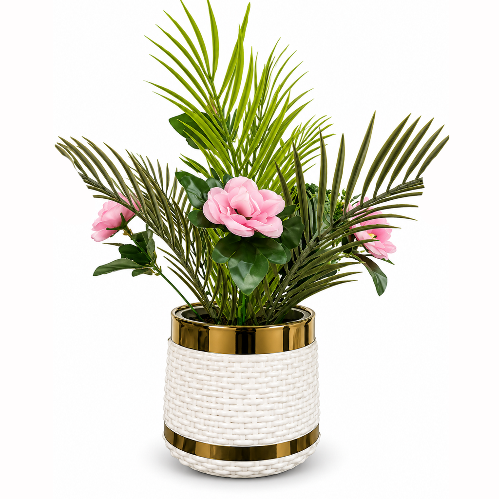 Artificial Pink Flower Plant with Fiber Plastic Pot