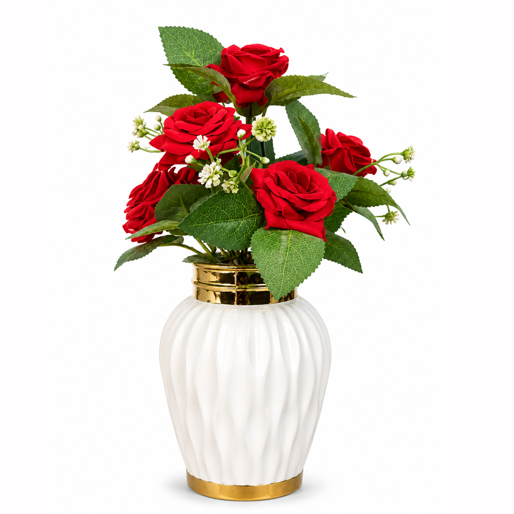 Artificial Red Rose Flower Pot with Fiber Plastic Pot