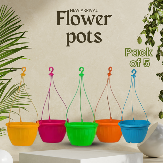 Hanging Flower Pots – Pack of 5 | Colorful Plastic Hanging Planters