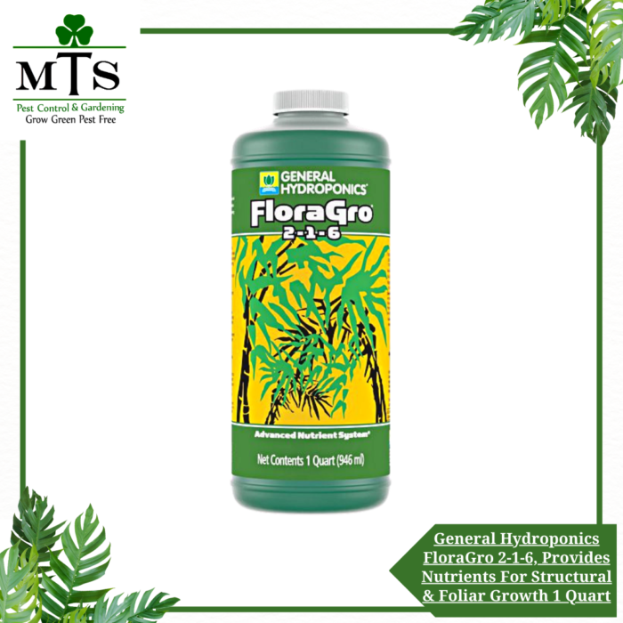 General Hydroponics FloraGro 2-1-6, Provides Nutrients For Structural & Foliar Growth, Ideal